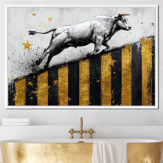 Silver Bull Running on Gold Market Chart Bars Bull Market Wall Art Poster