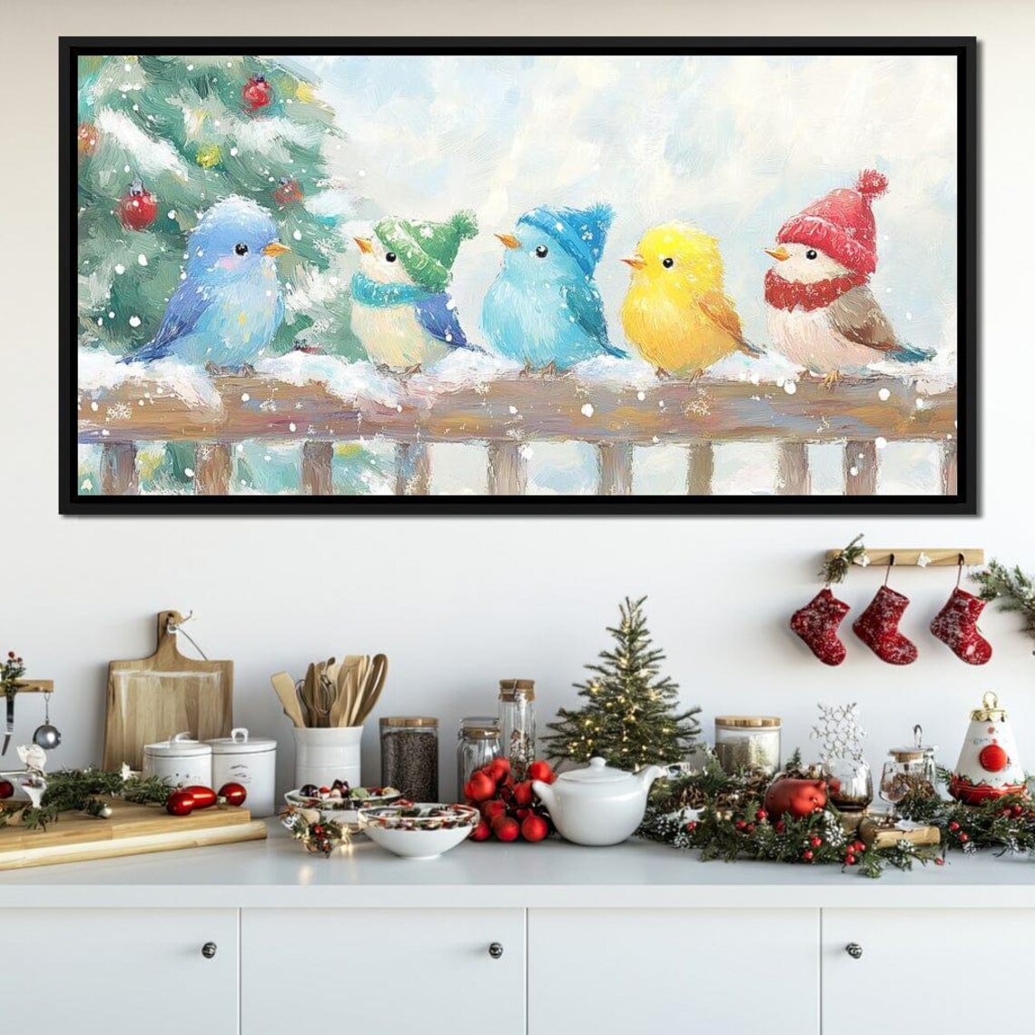 Five Colorful Birds In Knit Hats On Snowy Branch Winter Holiday Poster