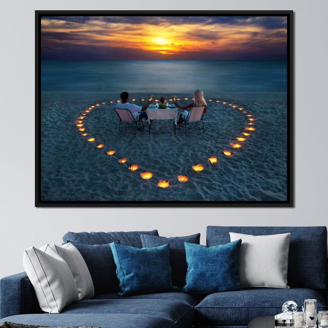 Romantic Beach Dinner At Sunset Couple In Heart Of Candles Art Poster - Image 2