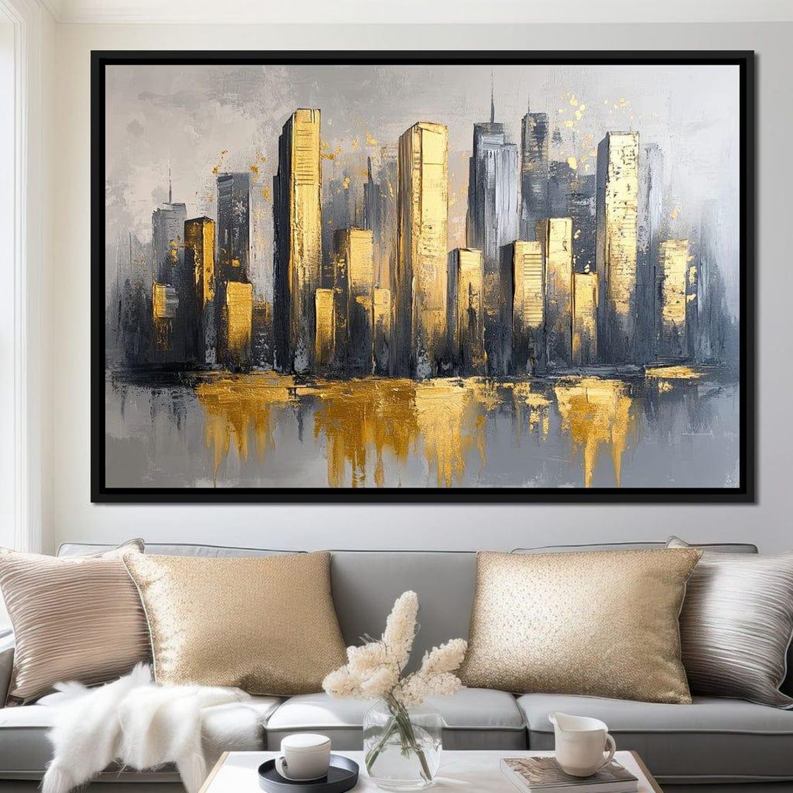 Gold Skyscrapers Gray Water Reflections Modern Urban Abstract Poster
