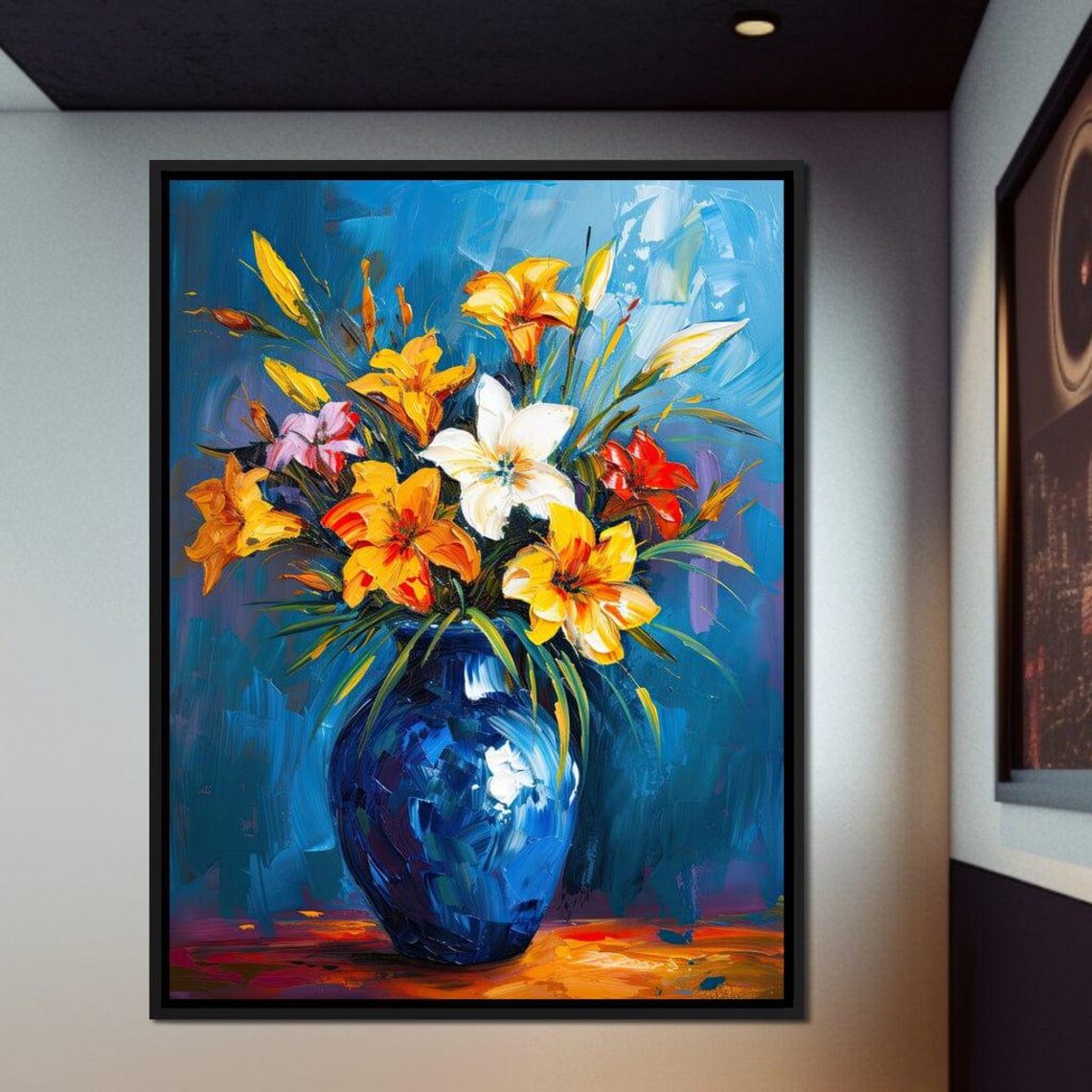 Yellow Orange Lilies Blue Vase Impasto Oil Painting Floral Wall Art - Image 4