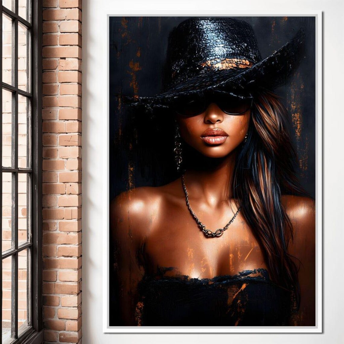 Mystery Woman Black Wide Brim Hat Sunglasses Chic Portrait Wall Poster - Image 4