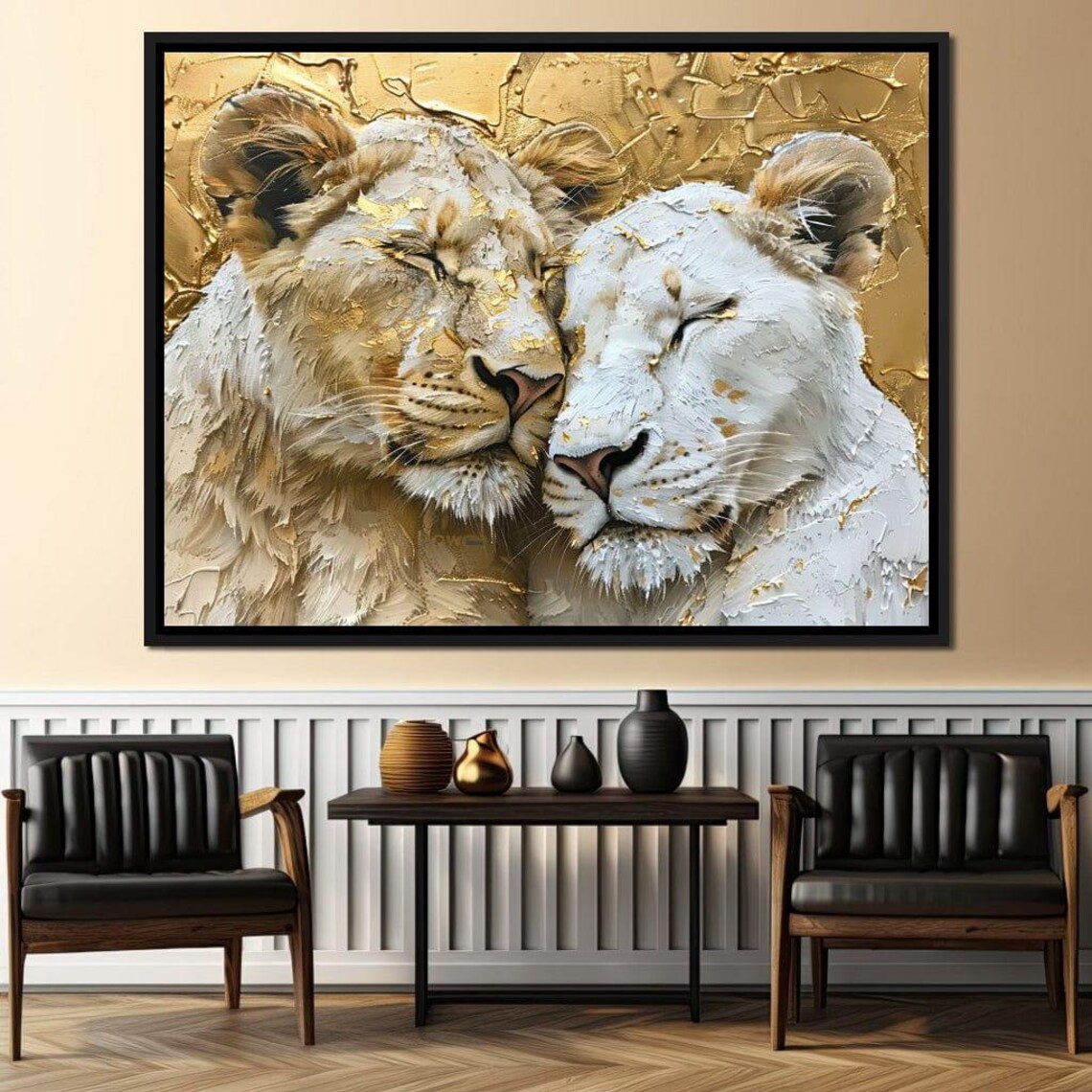 Golden Lions Nuzzling Tender Embrace Gold Leaf Wildlife Wall Art - Image 3