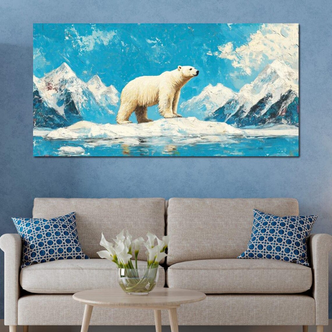 Polar Bear Standing On Arctic Ice Floe Snowy Mountains Turquoise Sea Poster - Image 3