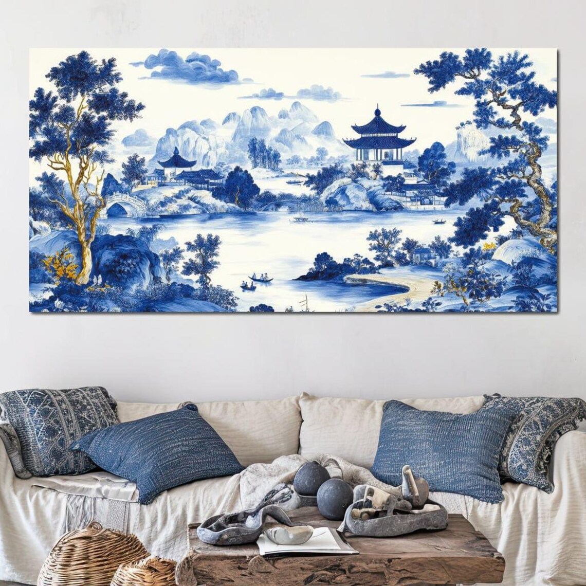 Blue White Japanese Pagoda Lake Landscape In Porcelain Style Poster - Image 2