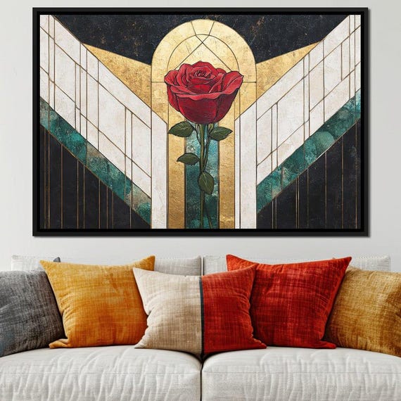 Golden Rose Radiance Reverie Art Deco Floral Wall Art Elegant Home Decor Bold Colors Romantic Decor By Nichecanvas