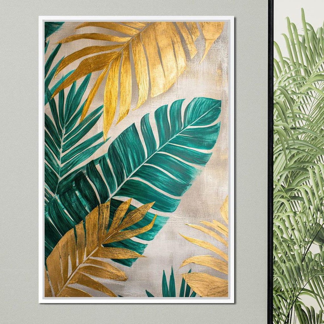 Golden Palm Leaves Teal Fronds Grey Luxe Tropical Botanical Print - Image 2