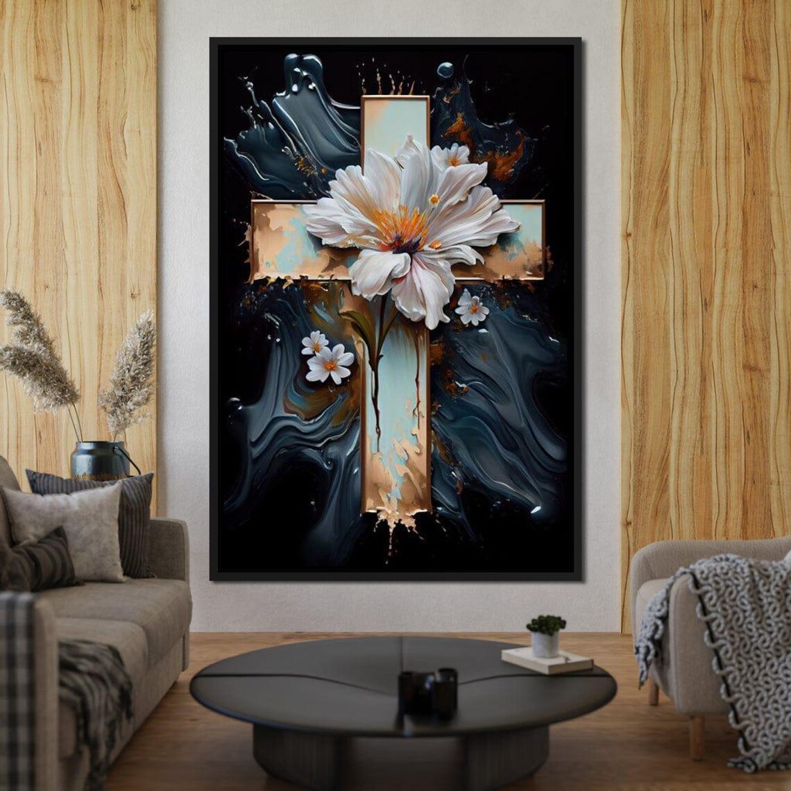 Golden Cross With White Flowers Dark Marble Spiritual Wall Art Poster