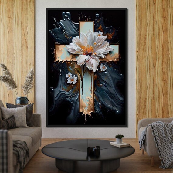 Golden Cross With White Flowers Dark Marble Spiritual Wall Art Poster