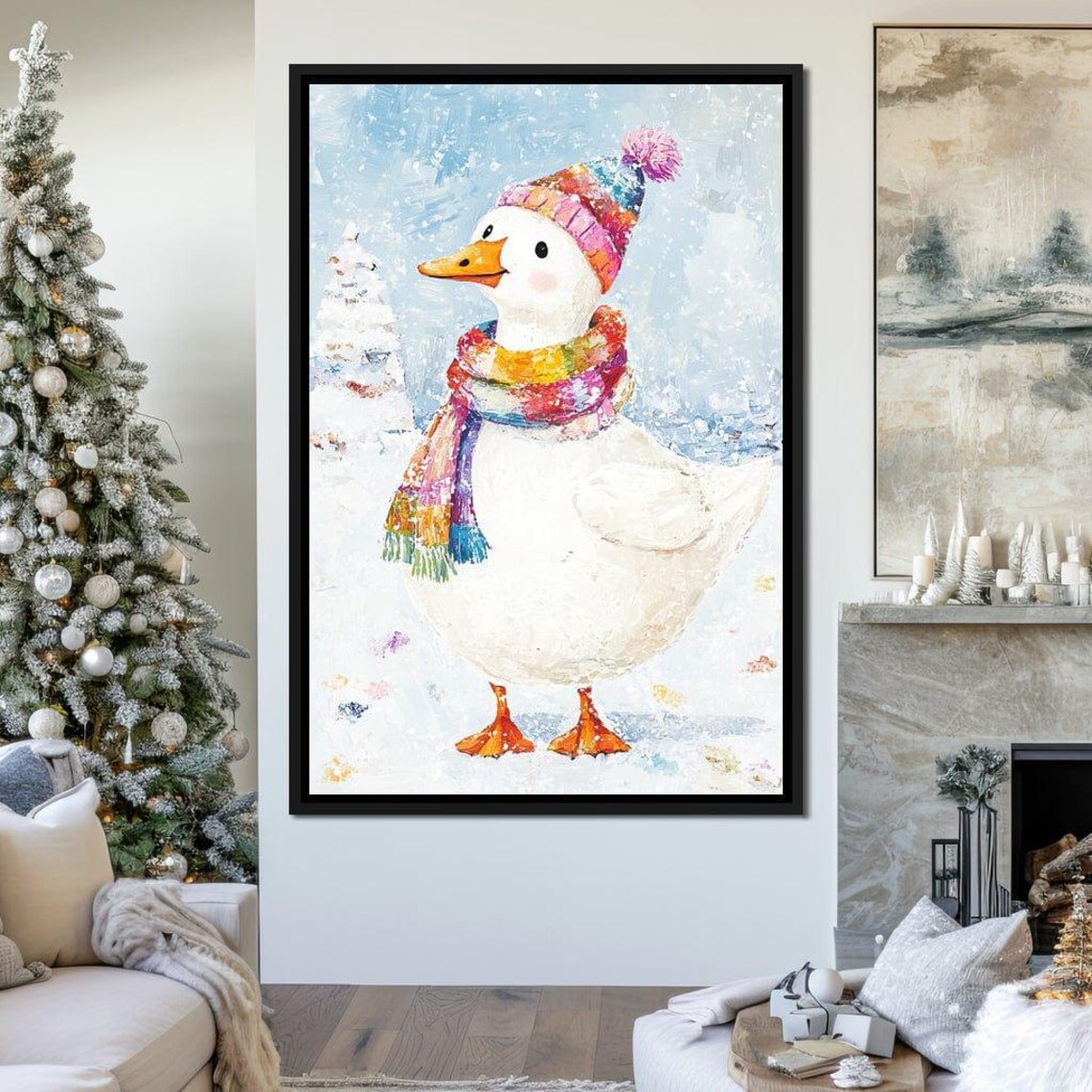Cute Duck In Winter Hat And Colorful Scarf Snowy Holiday Poster - Image 3