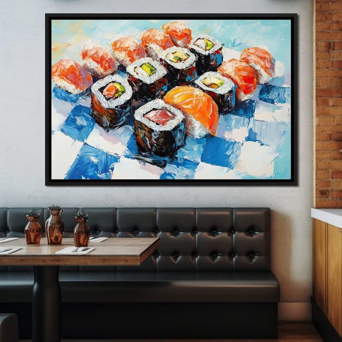 Sushi Maki Rolls Salmon Nigiri Blue Checkered Impasto Kitchen Poster - Image 2