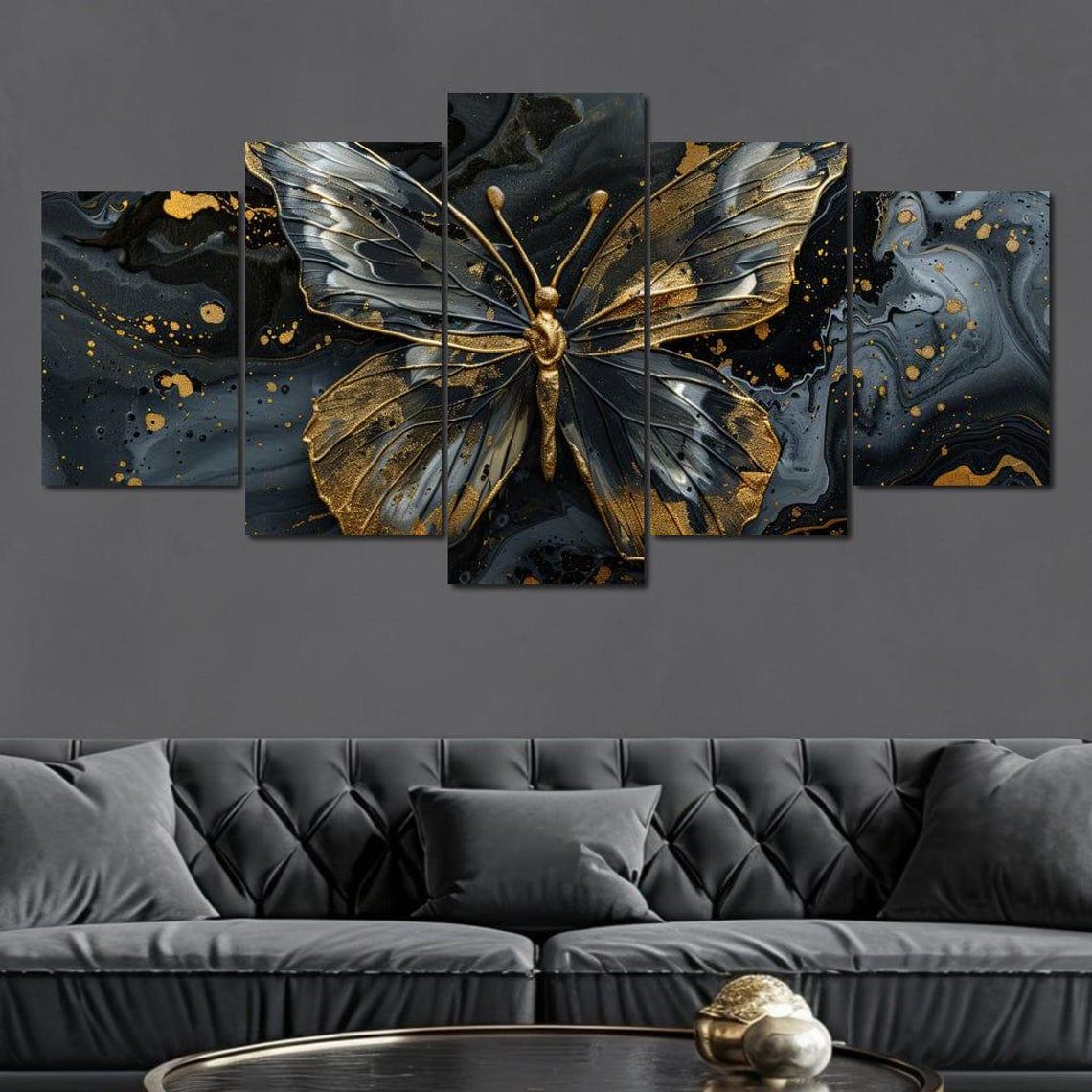 Gilded Butterfly Silhouette Black Gold Multi Panel Canvas Wall Art