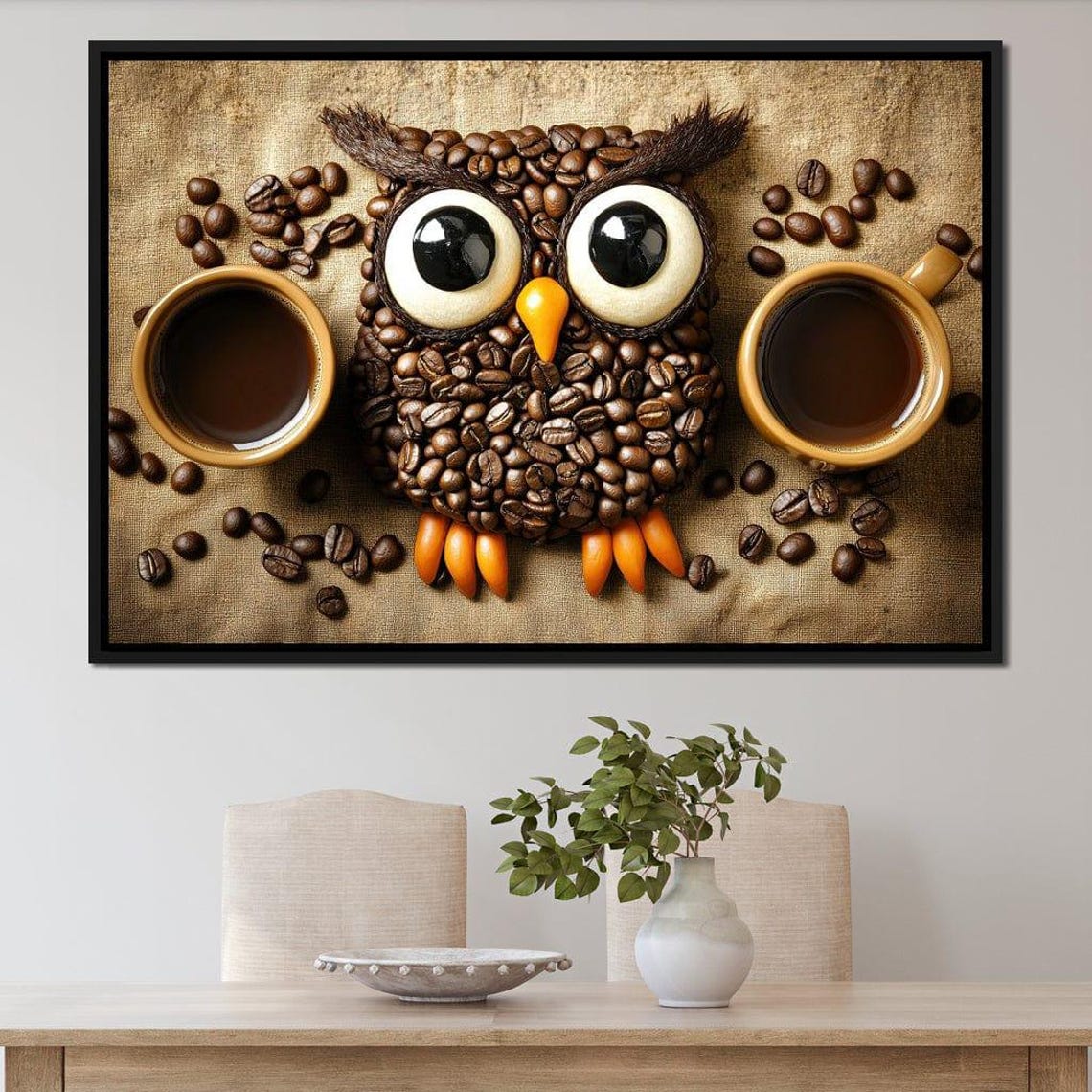 Cute Coffee Bean Owl Two Cups Rustic Burlap Kitchen Decor Wall Art - Image 4