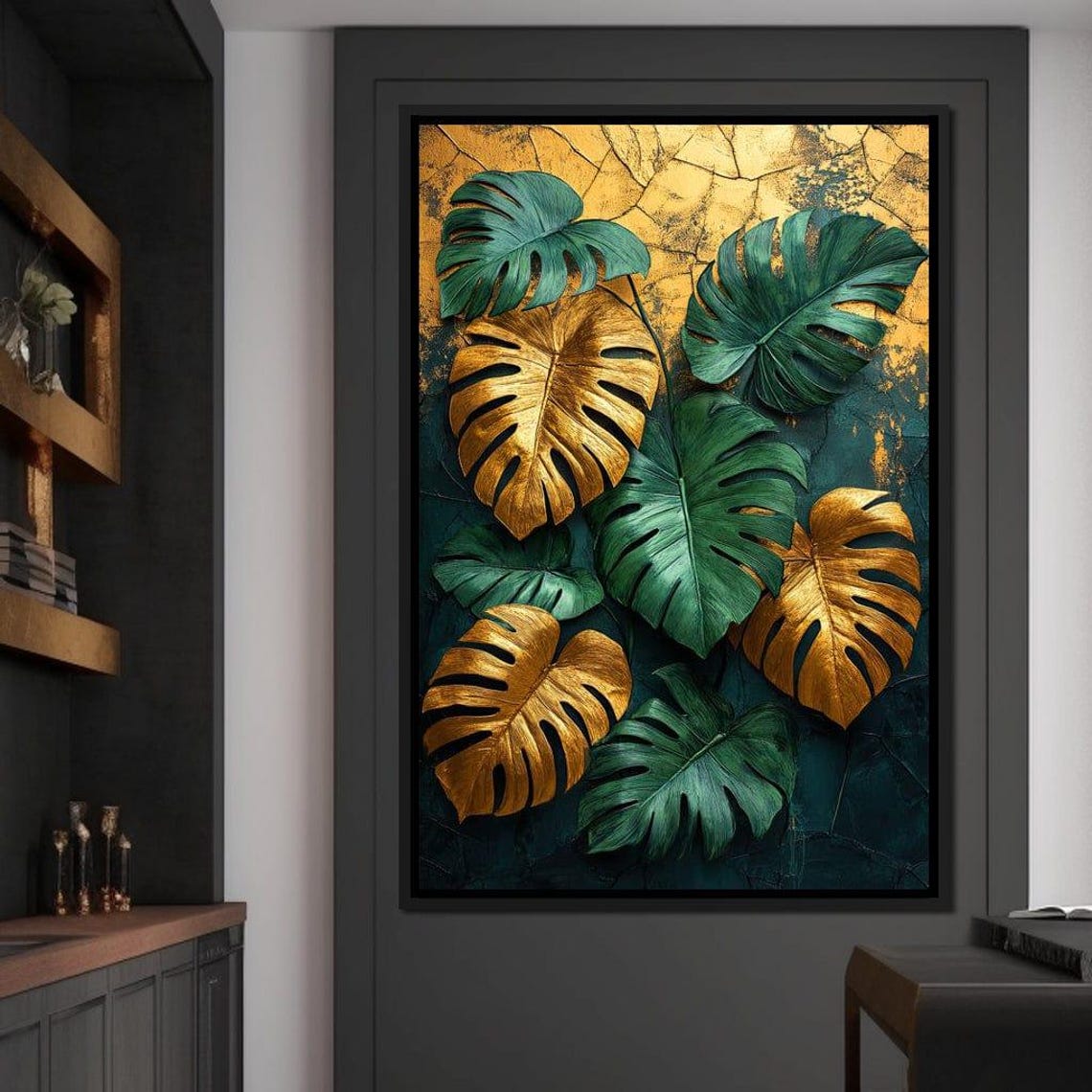 Gold Green Monstera Leaves Cracked Emerald Texture Botanical Art