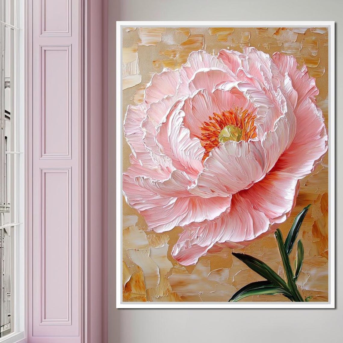 Blush Pink Peony Golden Background Thick Impasto Floral Art Print - Image 4