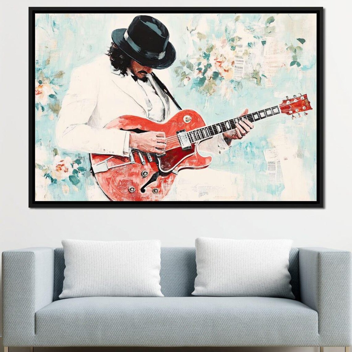 Guitarist In White Suit Playing Red Guitar Floral Art Poster - Image 2