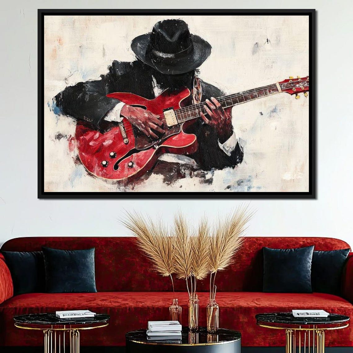 Soulful Blues Guitarist In Fedora Playing Red Guitar Jazz Poster - Image 3