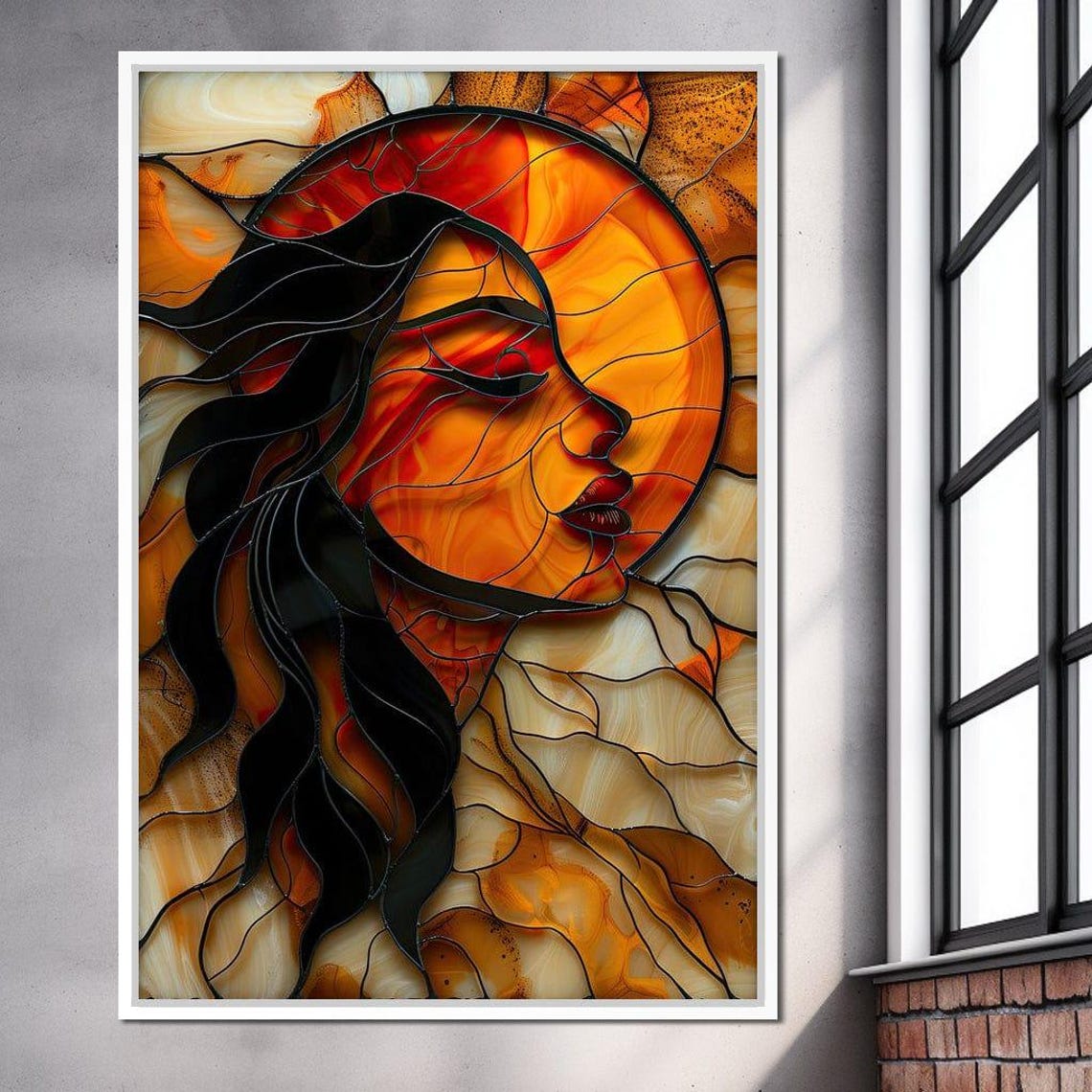 Sunlit Muse Stained Glass Woman Silhouette With Blazing Sun Art Poster - Image 3