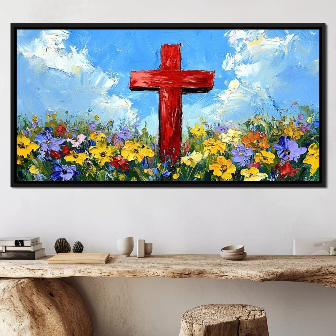 Red Wooden Cross In Colorful Wildflower Meadow Blue Sky Poster