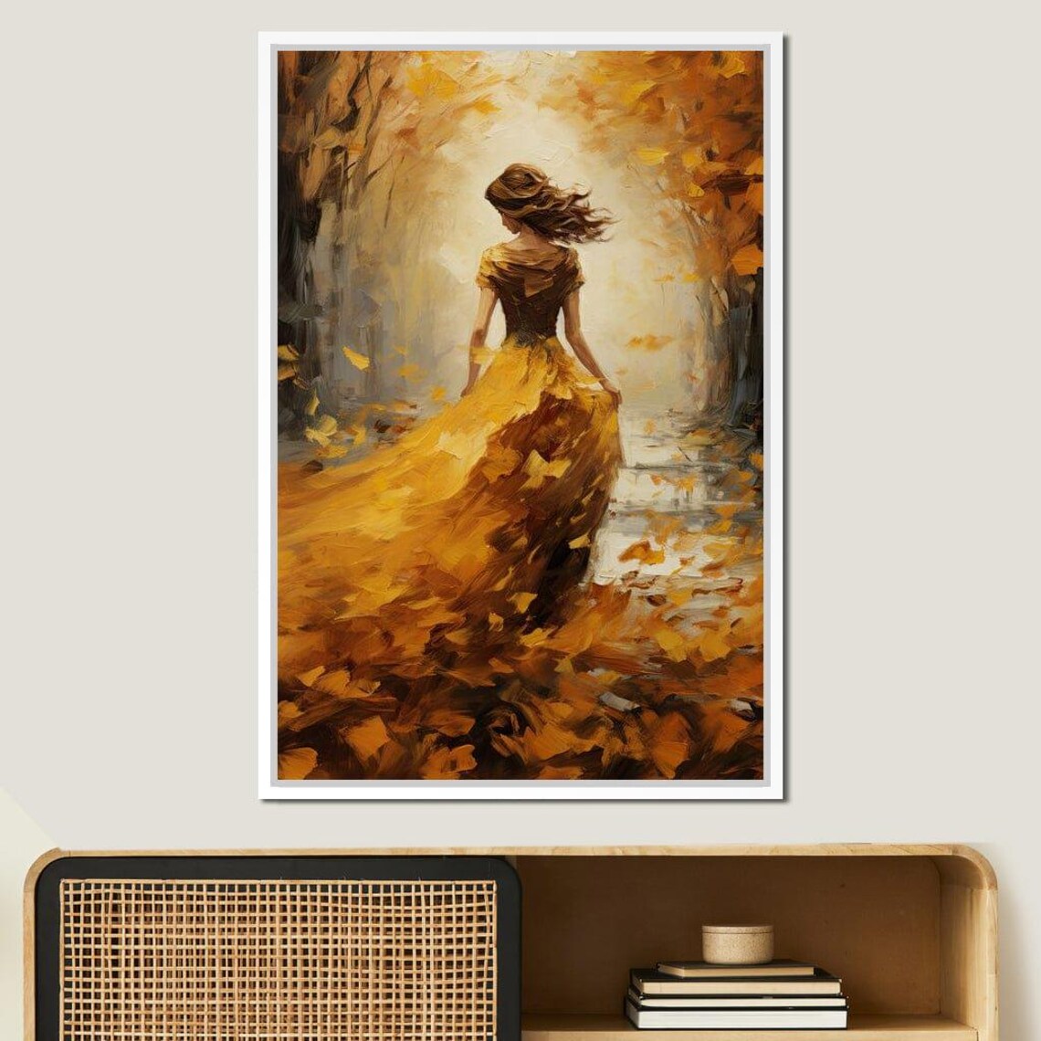 Woman Golden Dress Autumn Forest Falling Leaves Oil Painting Print - Image 2