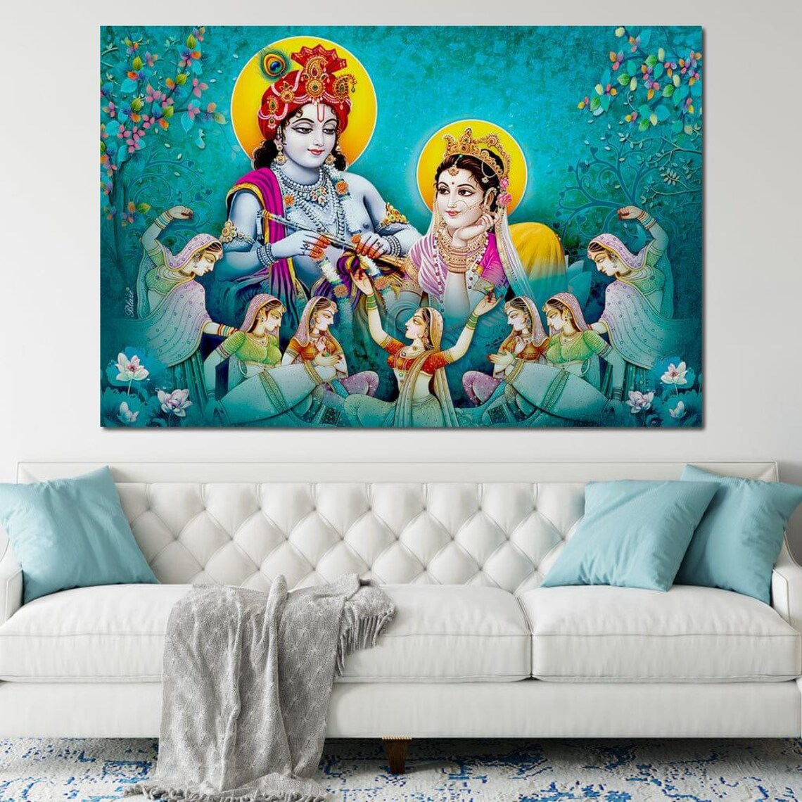Krishna Playing Flute Gopis Dance Vibrant Hindu Festival Wall Art - Image 3