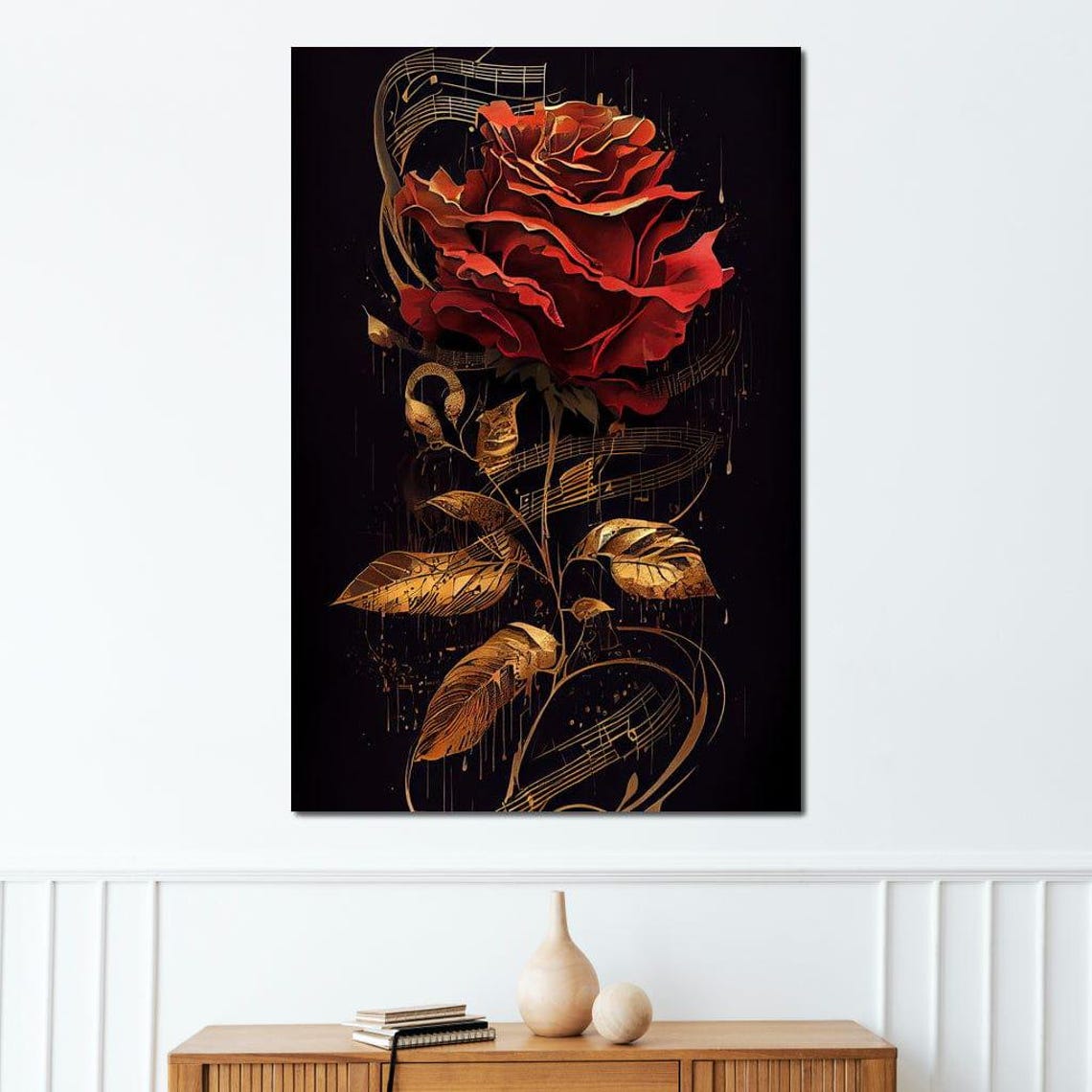Red Rose Sheet Music Gold Leaves Romantic Classical Wall Art - Image 4