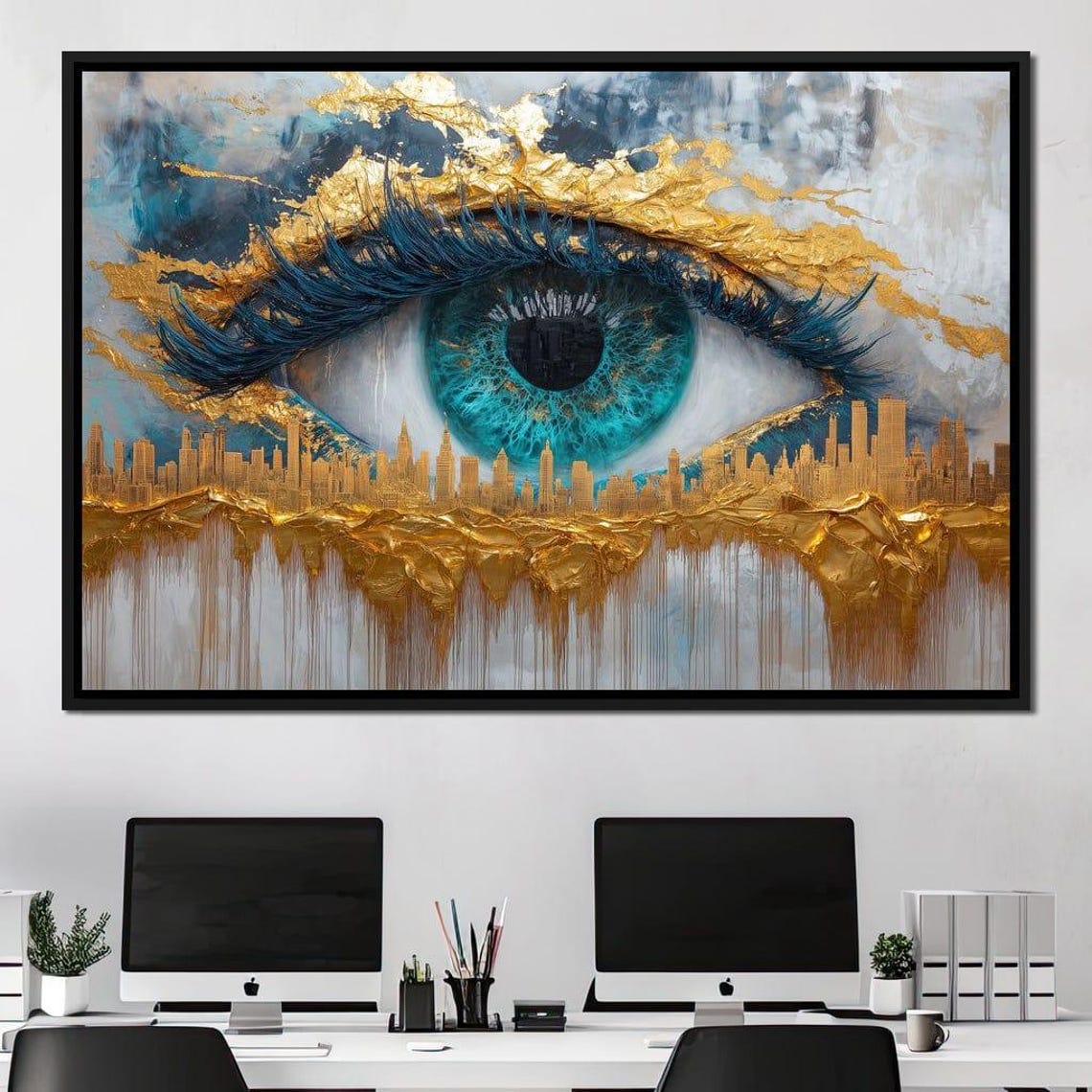 Blue Eye Cityscape Five Panel Gold Leaf Modern Urban Canvas Poster - Image 4