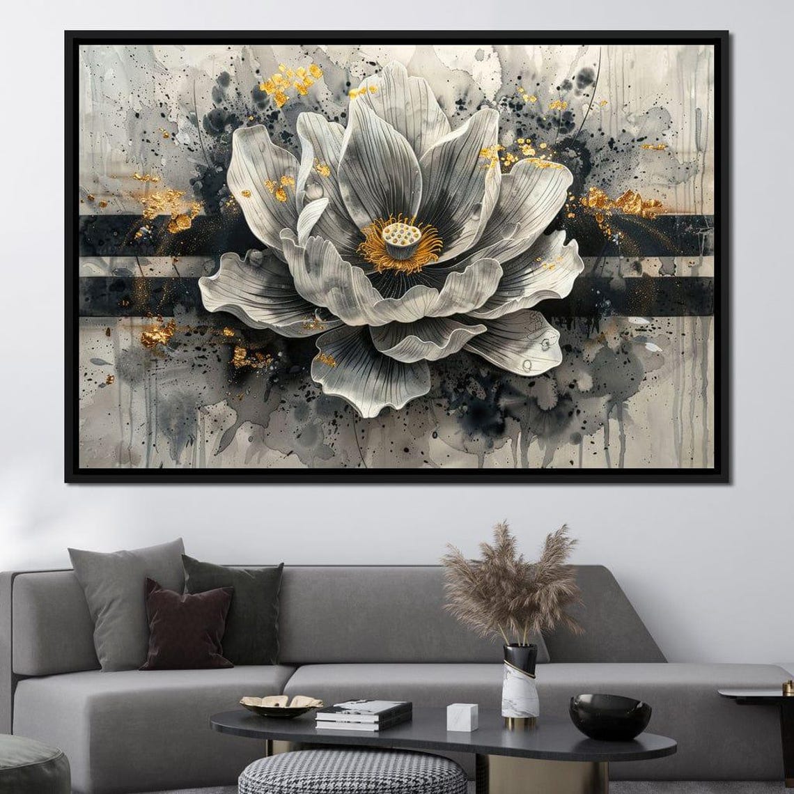 Monochrome Peony Blossom Gold Splatter Ink Abstract Wall Art Poster