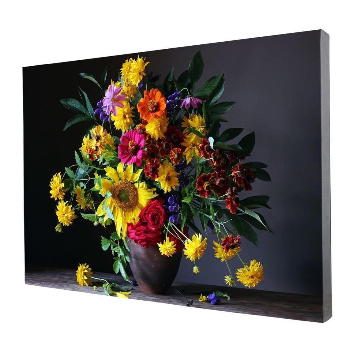 Sunflower Zinnia Bouquet Dark Vase Rustic Floral Photography Poster - Image 4