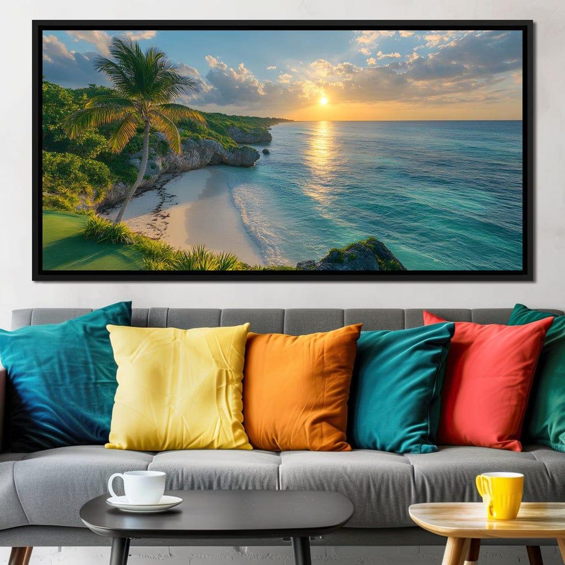 Tropical Beach Sunset With A Palm Tree And Rocky Cliffs Poster - Image 4