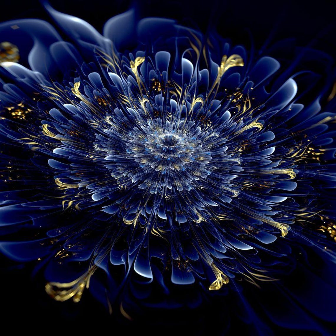 Deep Blue Fractal Dahlia Bloom Gold Accents Modern Abstract Poster - Image 2