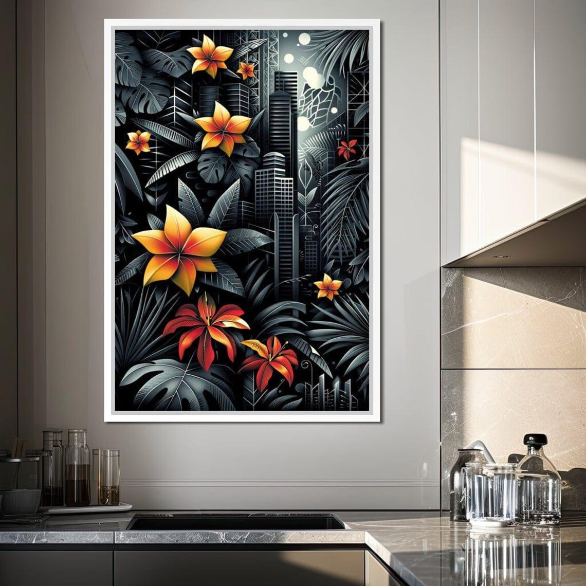 Tropical Fiery Blooms Black Monstera Jungle Night Garden Wall Art - Image 2