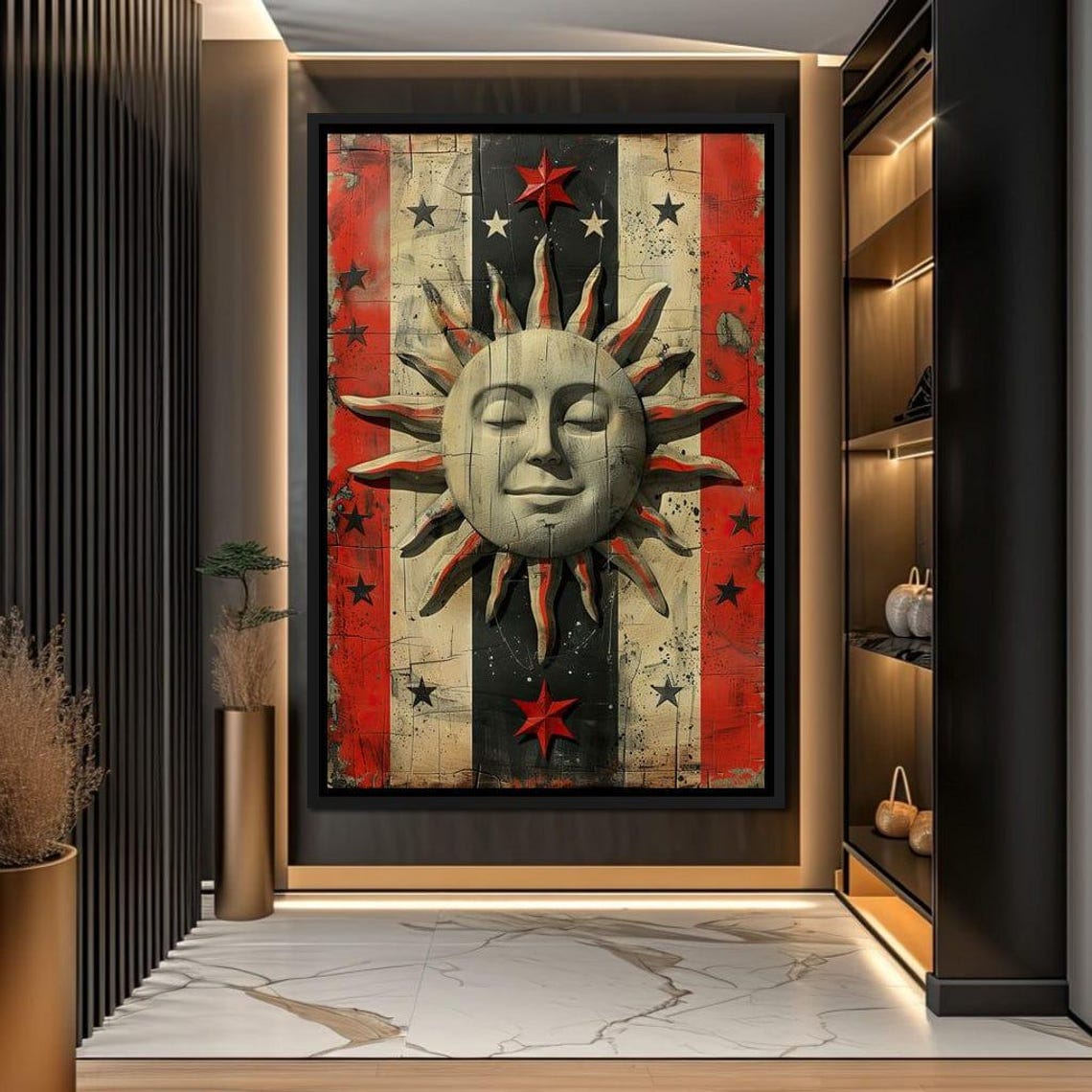 Sunrise Symphony On Stripes Sun Wall Art Modern Home Decor Star Motif Red Black Vertical Artwork Unique Design By Nichecanvas - Image 4