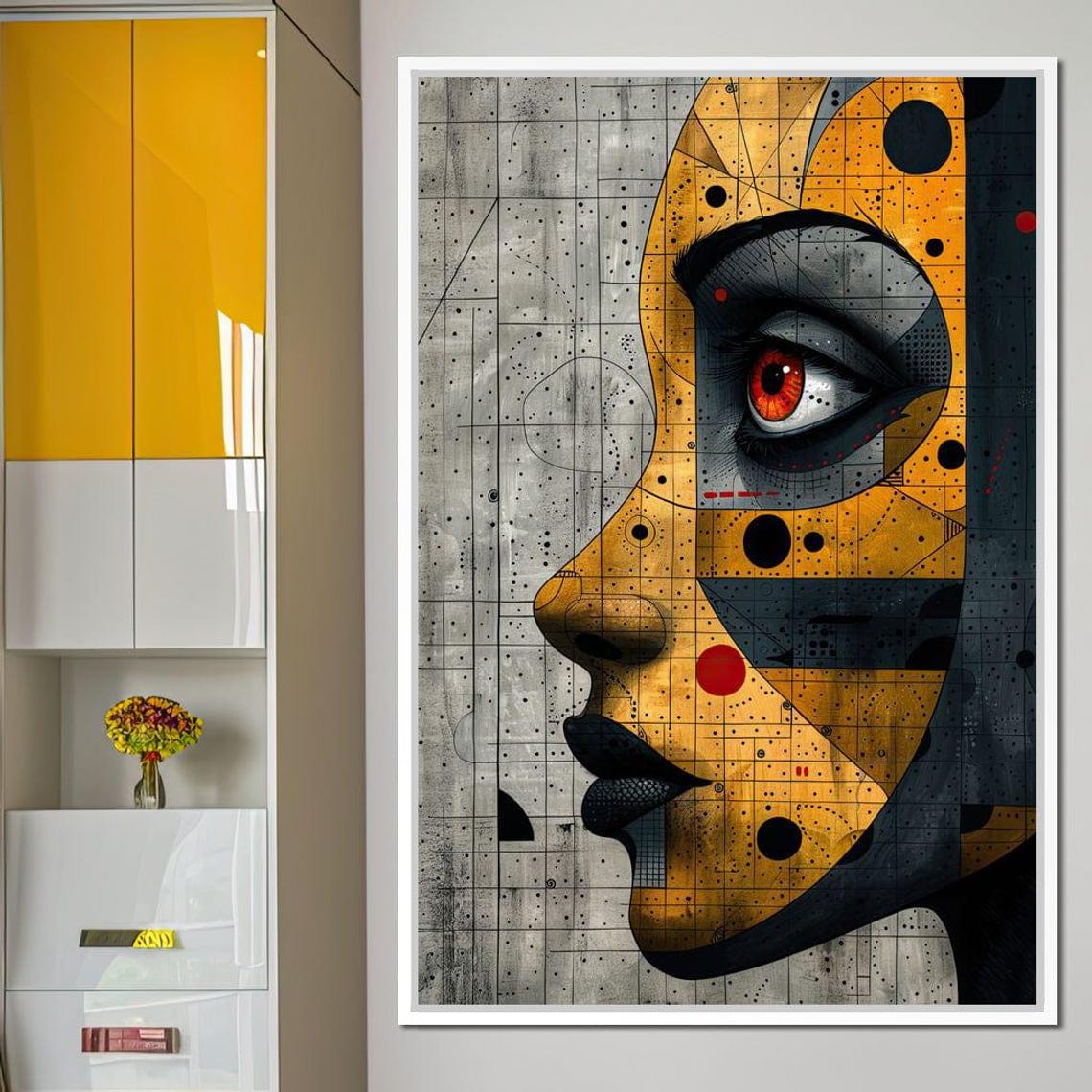 Golden Geometric Female Face Abstract Blueprint Style Modern Art Print
