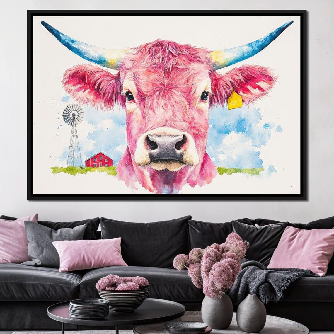 Pink Watercolor Cow With Blue Horns By A Red Barn Farmhouse Art Print
