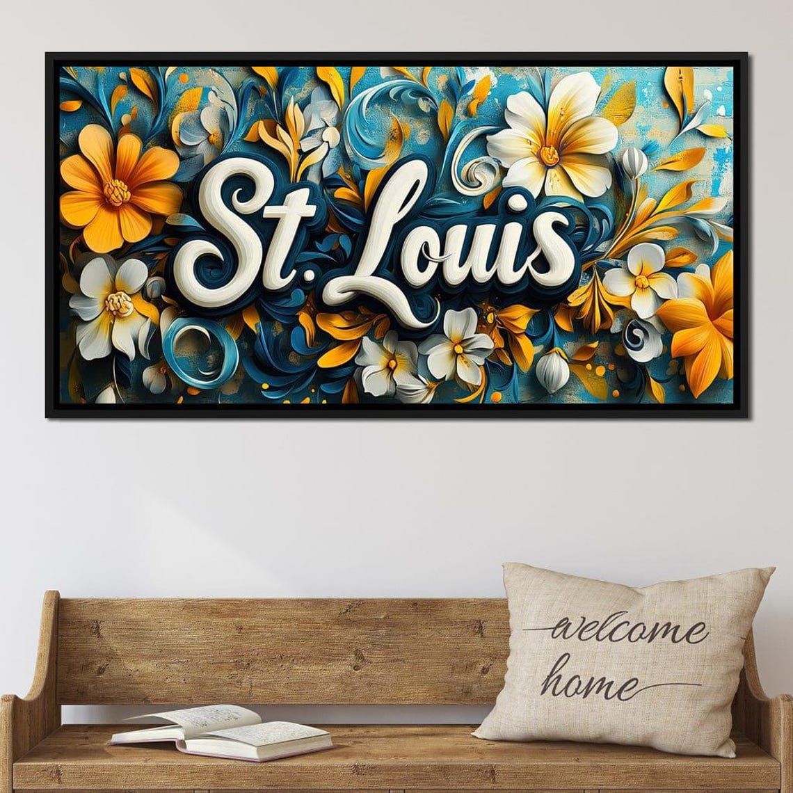 St. Louis Script Typography Teal Gold Orange Floral Wall Art Poster