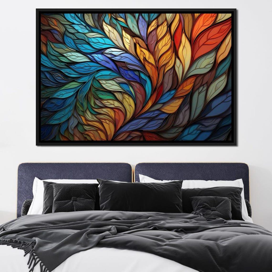 Stained Glass Leaf Mosaic Teal Amber Five Panel Wall Art Poster - Image 4