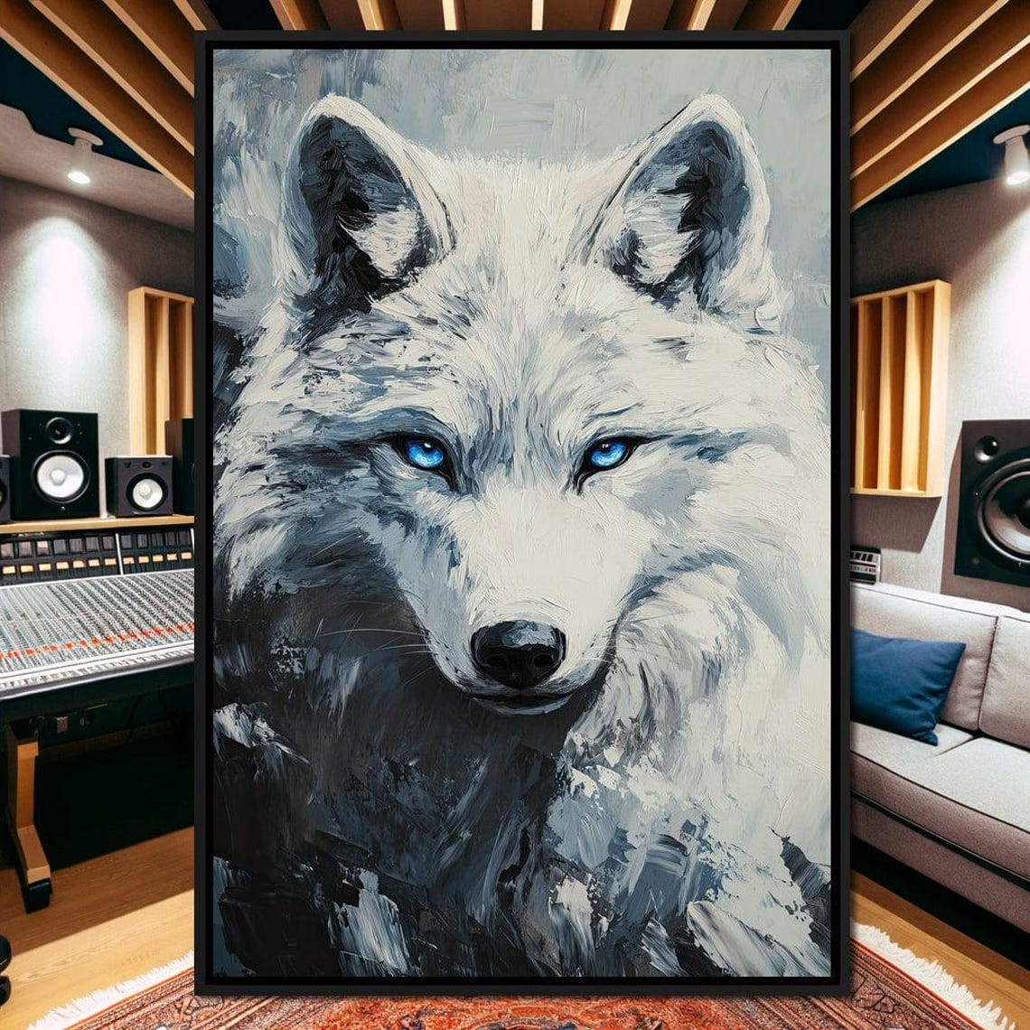 White Wolf Blue Eyes Close Up Painterly Winter Wildlife Wall Art Print - Image 3