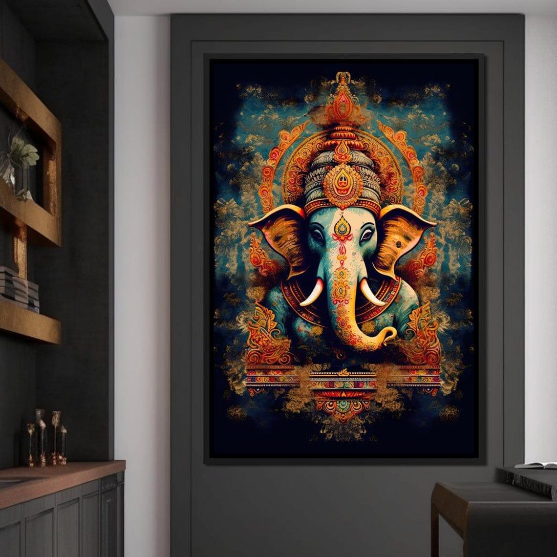 Tranquil Ganesha Golden Crown Teal Cosmic Hindu Deity Poster