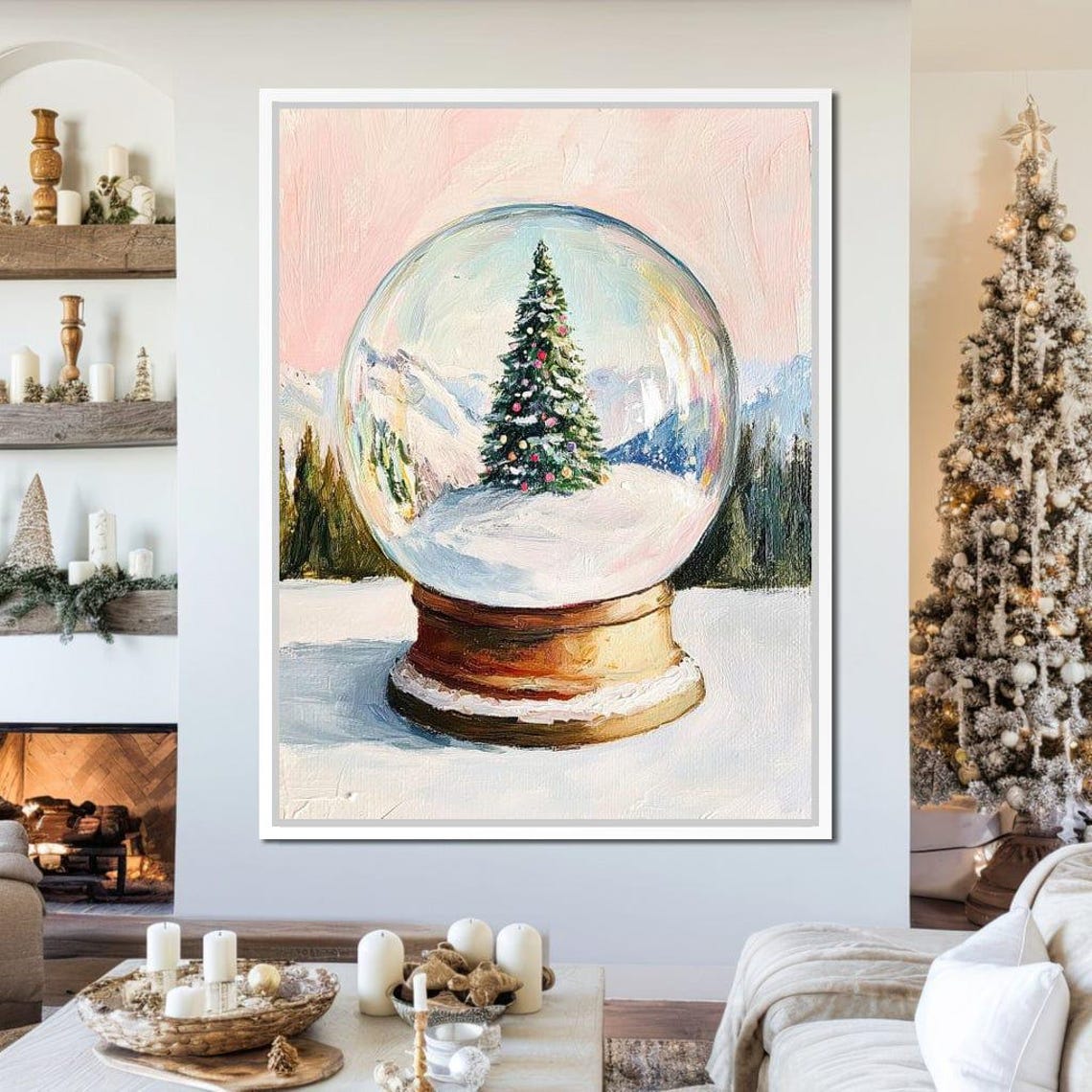 Christmas Tree Snow Globe Pink Pastel Winter Wonderland Art Poster - Image 4
