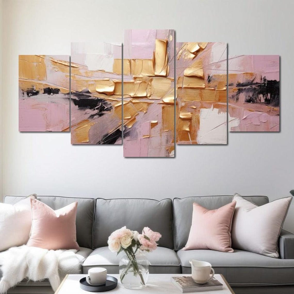 Blush Pink Gold Abstract 5 Panel Canvas Textured Brushstroke Wall Art