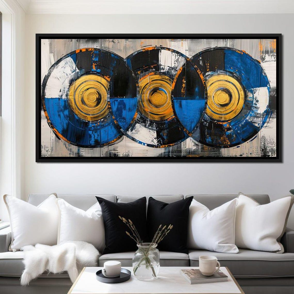 Blue Gold Circle Trio Abstract Art Overlapping Orbits Bold Wall Poster