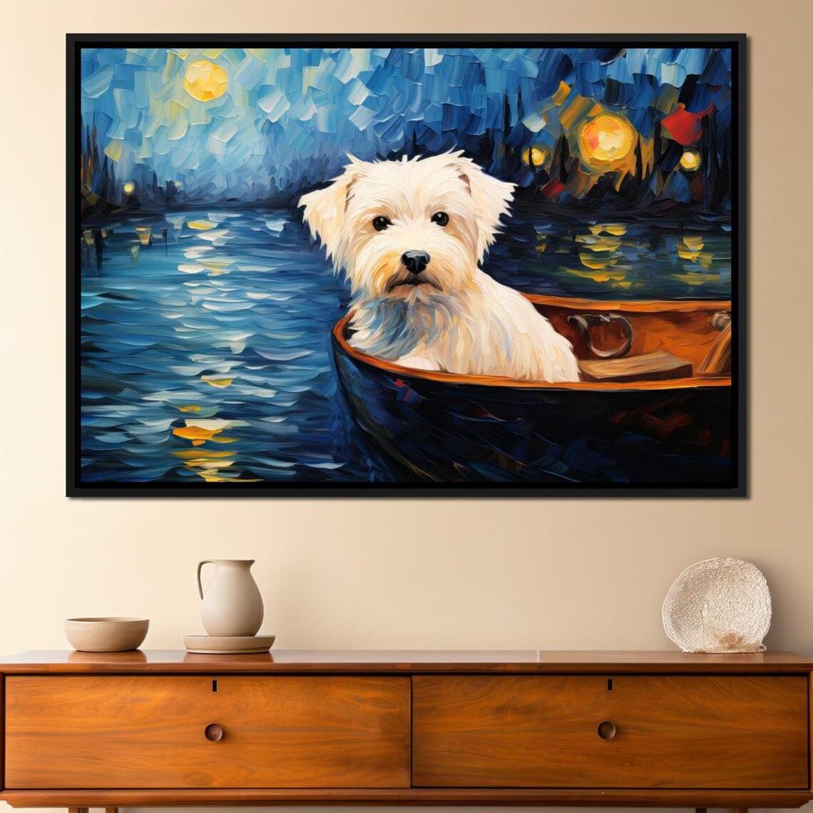 Cute White Terrier Dog Boat Night Lake Starry Sky Puppy Wall Art - Image 3