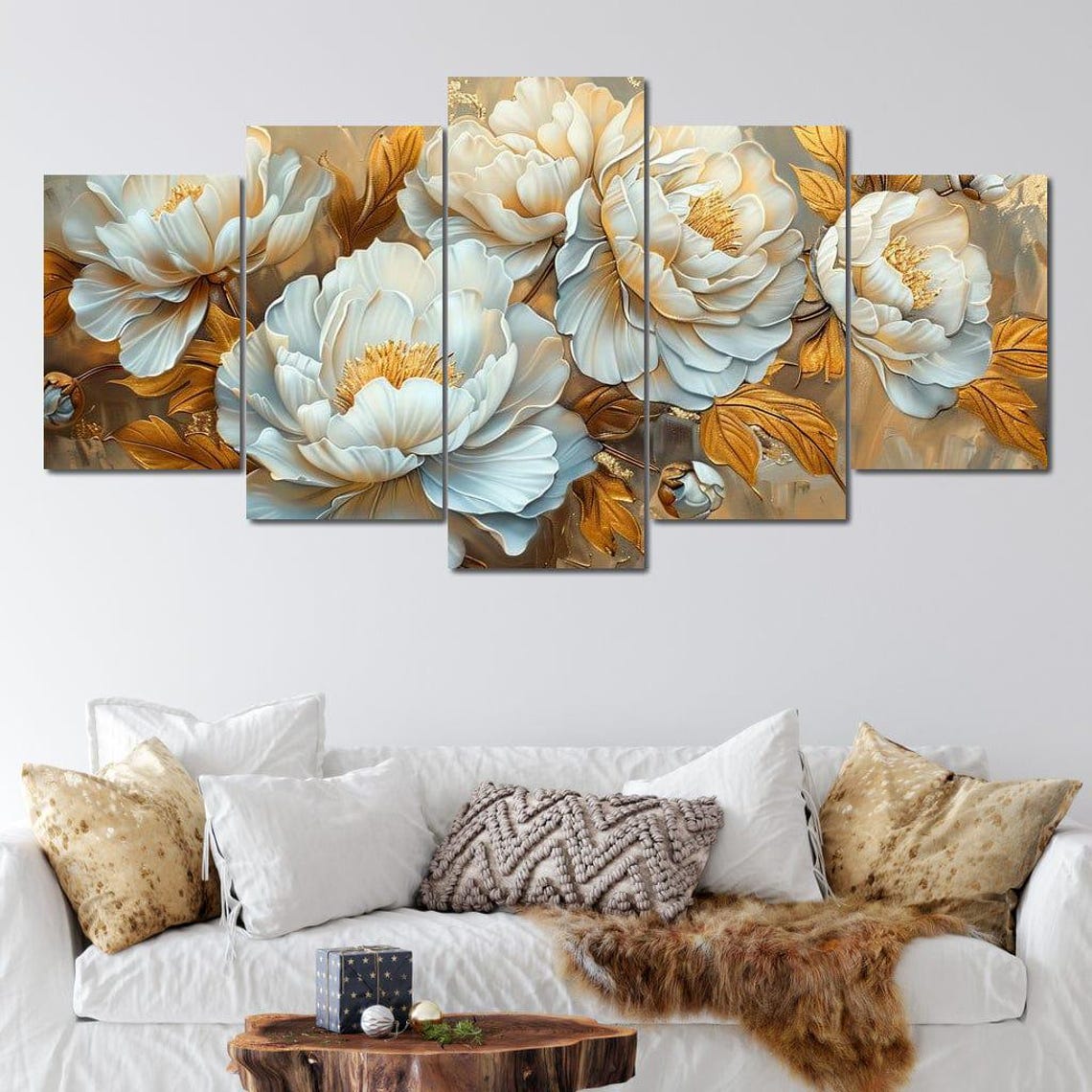Golden White Peonies On Gold Leaf Background Floral Art Wall Poster - Image 4