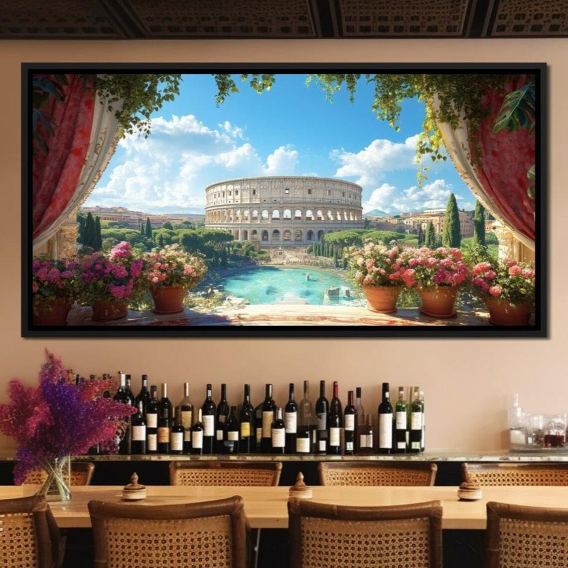 Rome Colosseum Terrace View Red Curtains Floral Veranda Travel Poster