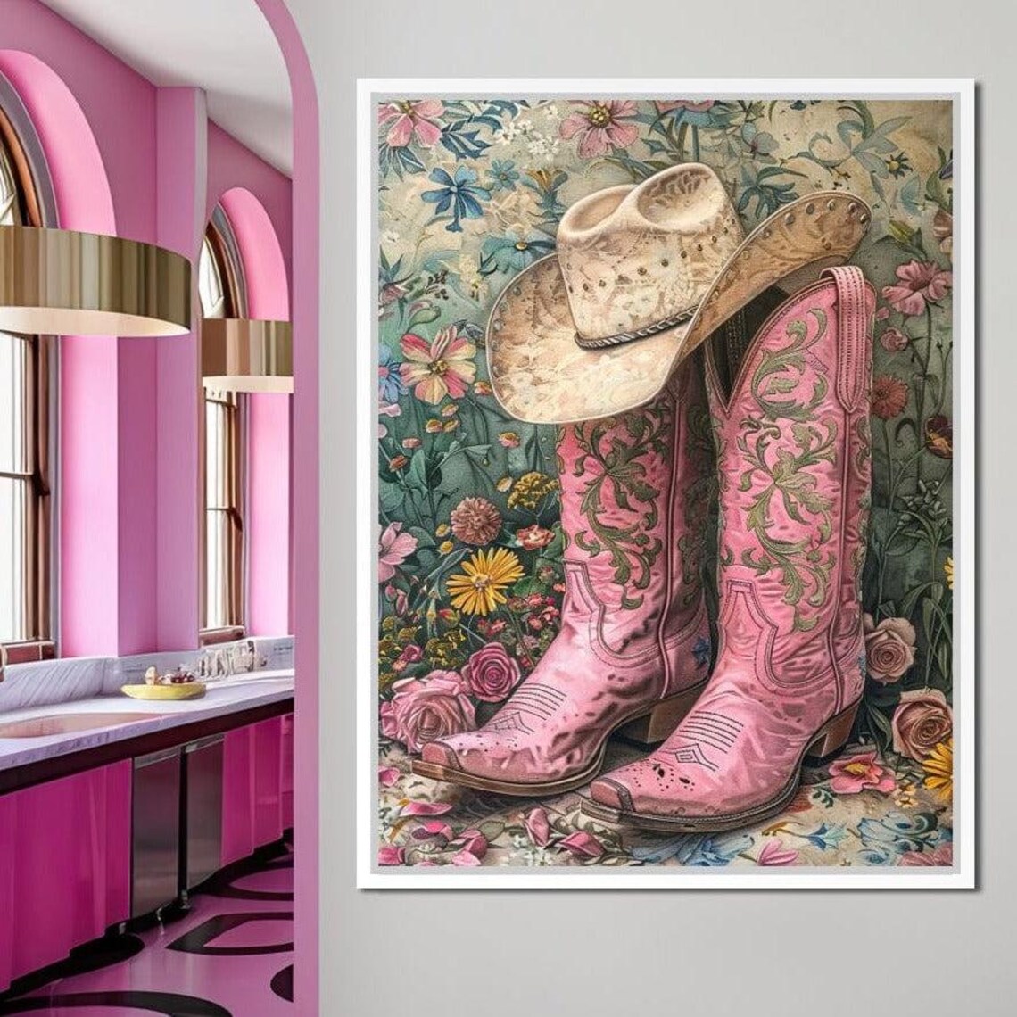 Pink Floral Cowboy Boots Hat Western Country Girl Rustic Chic Wall Art - Image 4