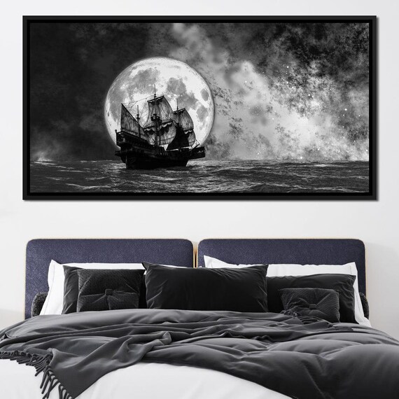 Sailing Under The Full Moon Nautical Decor Moonlit Sailing Black And White Maritime Art Seascape Wall Art By Nichecanvas