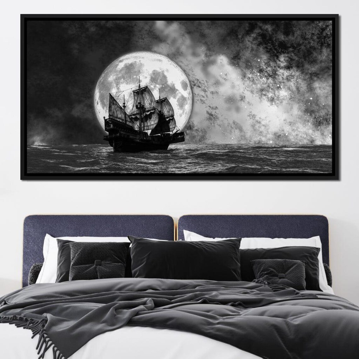 Sailing Under The Full Moon Nautical Decor Moonlit Sailing Black And White Maritime Art Seascape Wall Art By Nichecanvas