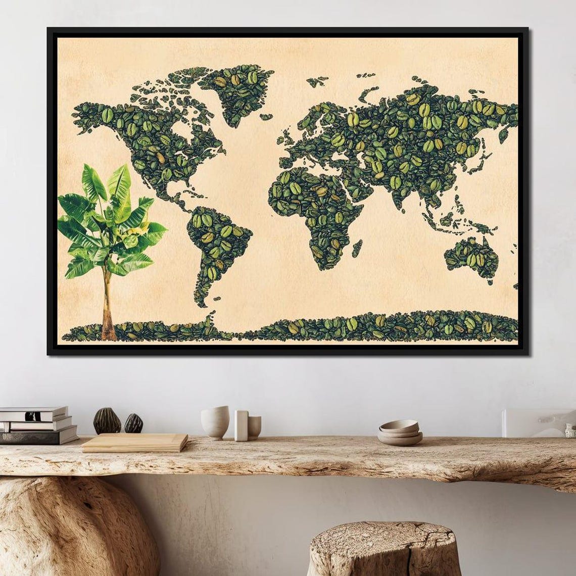 World Map Made Of Green Coffee Beans Rustic Kitchen Wall Art Poster