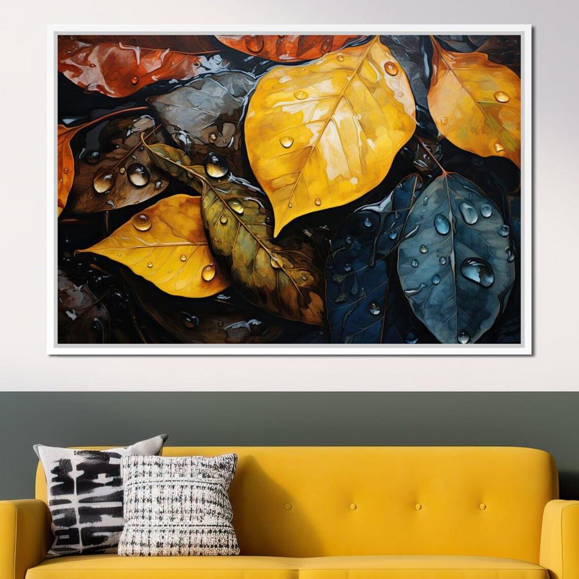 Autumn Leaves Rain Droplets Golden Amber Moody Nature Art Poster - Image 3